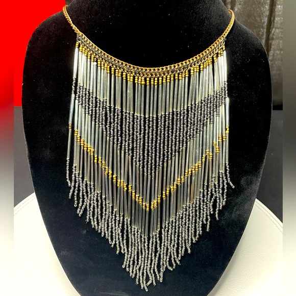 Vintage Jewelry - Vintage Waterfall Silver & Gold Tone Seed Bead Bib Necklace
